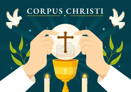 Illustration vectorielle religieuse catholique de vacances de Corpus Christi avec le jour de fête, croix, pain et raisins dans des modèles d'affiche dessinés à la main de dessin animé plat