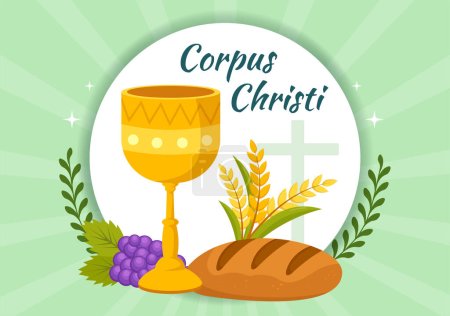 Illustration vectorielle religieuse catholique de vacances de Corpus Christi avec le jour de fête, croix, pain et raisins dans des modèles d'affiche dessinés à la main de dessin animé plat