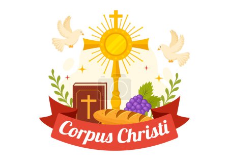 Illustration for Corpus Christi Catholic Religious Holiday Vector Illustration with Feast Day, Cross, Bread and Grapes in Flat Cartoon Hand Drawn Poster Templates - Royalty Free Image