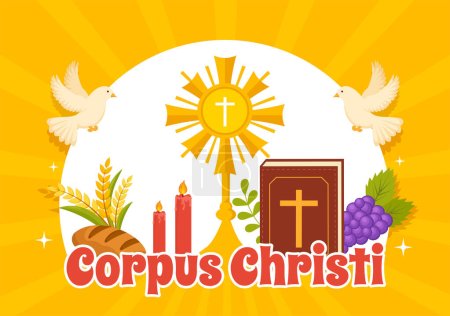 Corpus Christi Catholic Religious Holiday Vector Illustration with Feast Day, Cross, Bread and Grapes in Flat Cartoon Plantillas de póster dibujadas a mano