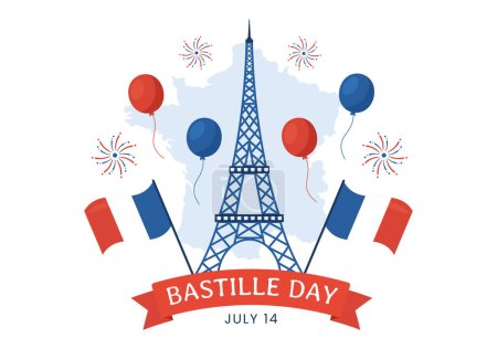 Téléchargez les illustrations : Joyeuse journée de la Bastille le 14 juillet Illustration vectorielle avec drapeau français et tour Eiffel en dessin animé plat dessiné à la main pour les modèles de page d'atterrissage - en licence libre de droit