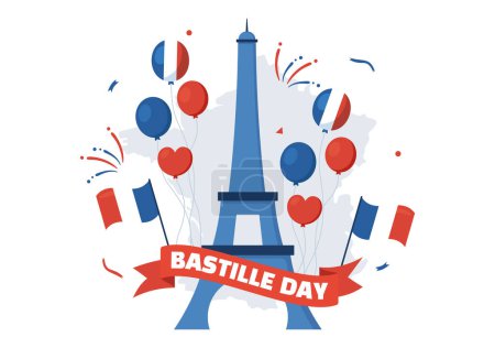Illustration for Happy Bastille Day on 14 july Vector Illustration with French Flag and Eiffel Tower in Flat Cartoon Hand Drawn for Landing Page Templates - Royalty Free Image
