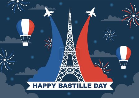 Illustration for Happy Bastille Day on 14 july Vector Illustration with French Flag and Eiffel Tower in Flat Cartoon Hand Drawn for Landing Page Templates - Royalty Free Image