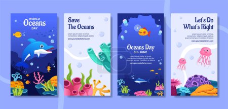 Téléchargez les illustrations : Journée mondiale des océans Histoires de médias sociaux Modèles de dessins animés à la main Illustration de fond - en licence libre de droit