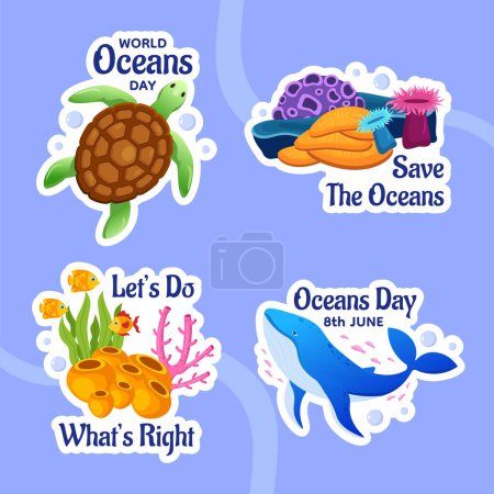 Téléchargez les illustrations : Journée mondiale des océans Étiquette Dessin animé plat Modèle dessiné à la main Illustration de fond - en licence libre de droit