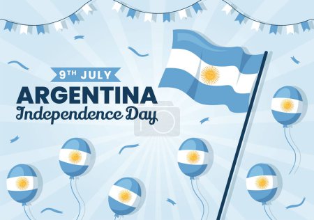 Téléchargez les illustrations : Joyeuse fête de l'indépendance de l'Argentine le 9ème jour de juillet Illustration vectorielle avec drapeau ondulé dans une bande dessinée plate Célébration dessinée à la main Modèles de page d'atterrissage - en licence libre de droit
