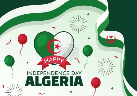 Téléchargez les illustrations : Illustration vectorielle du jour de l'indépendance de l'Algérie heureuse avec le drapeau ondulé dans une bande dessinée à la main Page d'accueil vert Modèles d'arrière-plan - en licence libre de droit