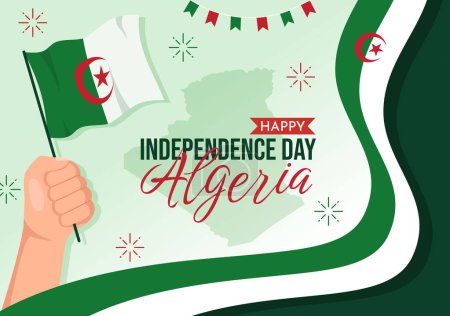 Ilustración de Feliz Día de la Independencia de Argelia Ilustración vectorial con bandera ondeante en caricatura plana Dibujado a mano Landing Page Plantillas de fondo verde - Imagen libre de derechos