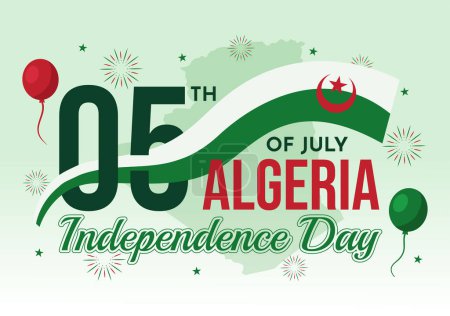 Illustration for Happy Algeria Independence Day Vector Illustration with Waving Flag in Flat Cartoon Hand Drawn Landing Page Green Background Templates - Royalty Free Image