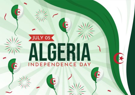 Téléchargez les illustrations : Illustration vectorielle du jour de l'indépendance de l'Algérie heureuse avec le drapeau ondulé dans une bande dessinée à la main Page d'accueil vert Modèles d'arrière-plan - en licence libre de droit