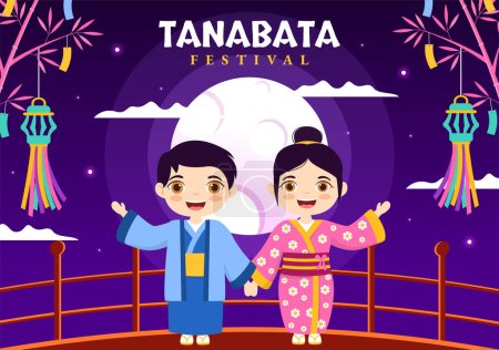 Illustration for Tanabata Festival Vector Illustration with Kids Wearing Kimono and Peonies Flowers in National Holiday Flat Cartoon Hand Drawn Templates - Royalty Free Image
