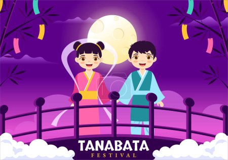 Illustration for Tanabata Festival Vector Illustration with Kids Wearing Kimono and Peonies Flowers in National Holiday Flat Cartoon Hand Drawn Templates - Royalty Free Image