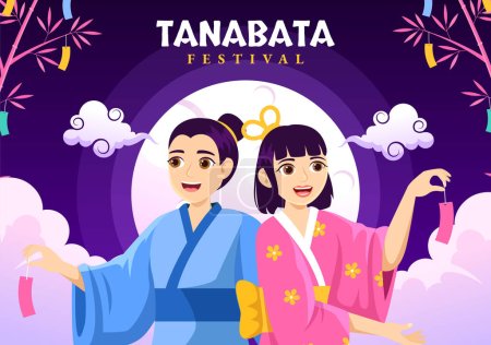 Illustration for Tanabata Festival Vector Illustration with People Wearing Kimono and Peonies Flowers in National Holiday Flat Cartoon Hand Drawn Templates - Royalty Free Image