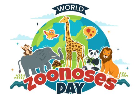 Ilustración de Día Mundial de las Zoonosis Ilustración vectorial el 6 de julio con varios animales que se encuentra en el bosque en dibujos animados planos Plantillas de landing page dibujadas a mano - Imagen libre de derechos
