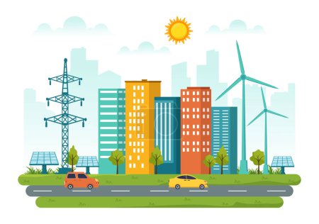 Ilustración de Eficiencia energética en la ciudad Ilustración vectorial con entorno sostenible para la electricidad generada a partir del sol y el viento en plantillas dibujadas a mano - Imagen libre de derechos