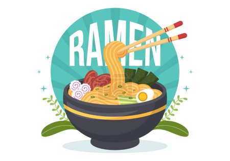 Ramen Vector Illustration von japanischem Essen mit Nudeln, Essstäbchen, Miso-Suppe, gekochtem und gegrilltem Nori in flachen, von Hand gezeichneten Cartoon-Vorlagen