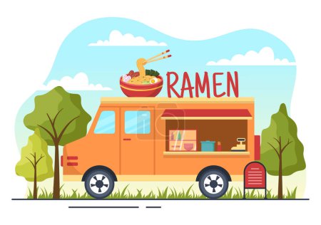 Illustration for Ramen Vector Illustration of Japanese Food with Noodle, Chopsticks, Miso Soup, Egg Boiled and Grilled Nori in Flat Cartoon Hand Drawn Templates - Royalty Free Image