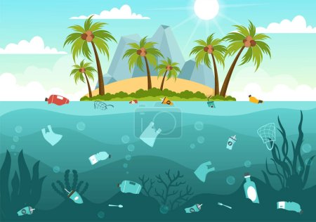 Téléchargez les illustrations : Arrêtez la pollution plastique marine Illustration vectorielle avec des déchets sous la mer comme un sac à déchets, des ordures et des bouteilles dans des modèles dessinés à la main à dessin animé plat - en licence libre de droit