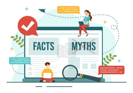 Faktencheck Vektorillustration mit Mythen vs. Fakten Neuigkeiten zur gründlichen Überprüfung oder zum Vergleich von Beweisen in handgezeichneten flachen Cartoon-Landing-Page-Vorlagen