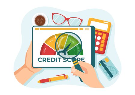 Illustration for Credit Score Vector Illustration with Loan Arrow Gauge Speedometer Indicator from Poor to Good Rate in Flat Cartoon Hand Drawn Templates - Royalty Free Image