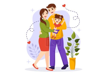 Téléchargez les illustrations : Illustration vectorielle des valeurs familiales de la mère, du père et des enfants côte à côte dans l'amour et le bonheur - en licence libre de droit