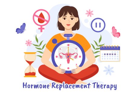 Ilustración de HRT o terapia de reemplazo hormonal Ilustración vectorial de acrónimo con tratamiento y medicación hormonal en la atención médica Plantillas dibujadas a mano de dibujos animados - Imagen libre de derechos