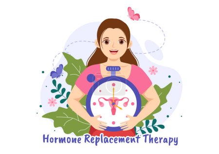 Ilustración de HRT o terapia de reemplazo hormonal Ilustración vectorial de acrónimo con tratamiento y medicación hormonal en la atención médica Plantillas dibujadas a mano de dibujos animados - Imagen libre de derechos