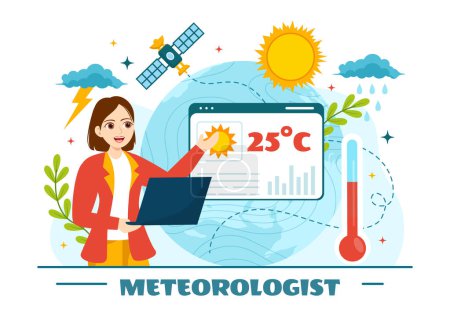 Illustration vectorielle du météorologue avec les prévisions météorologiques et la carte des précipitations atmosphériques dans des modèles de page d'atterrissage dessinés à la main à dessin animé plat