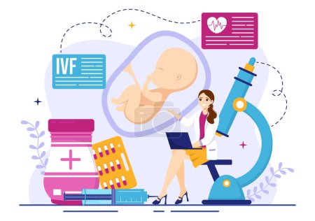 Téléchargez les illustrations : FIV ou fécondation in vitro Illustration vectorielle pour l'insémination artificielle À propos de la grossesse et des médecins Recherche Modèle de dessin animé sur les œufs fécondés - en licence libre de droit