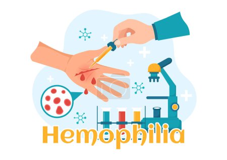 Illustration vectorielle de l'hémophilie avec un médecin examinant les troubles du genou ou de l'articulation et du sang blessés dans les modèles dessinés à la main de dessin animé plat de soins de santé