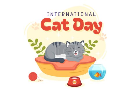 Téléchargez les illustrations : Illustration vectorielle de la Journée internationale du chat le 8 août avec Célébration de l'amour des chats dans des modèles de dessin animé plat dessinés à la main - en licence libre de droit