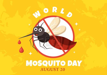 Téléchargez les illustrations : Illustration vectorielle de la Journée mondiale des moustiques le 20 août avec Midge peut causer la fièvre dengue et le paludisme dans des modèles de fond dessinés à la main à dessin animé plat - en licence libre de droit