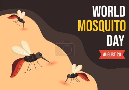 Téléchargez les illustrations : Illustration vectorielle de la Journée mondiale des moustiques le 20 août avec Midge peut causer la fièvre dengue et le paludisme dans des modèles de fond dessinés à la main à dessin animé plat - en licence libre de droit