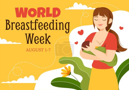 Illustration for World Breastfeeding Week Vector Illustration of Feeding of Babies with Milk from a Womans Breast in Flat Cartoon Hand Drawn Templates - Royalty Free Image