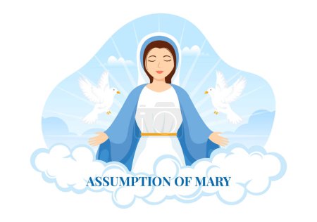Asunción de María Vector Ilustración con Fiesta de la Santísima Virgen y Palomas en el Cielo en Plantillas de Fondo Plano Dibujado a Mano