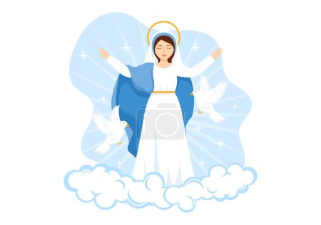 Ilustración de Asunción de María Vector Ilustración con Fiesta de la Santísima Virgen y Palomas en el Cielo en Plantillas de Fondo Plano Dibujado a Mano - Imagen libre de derechos