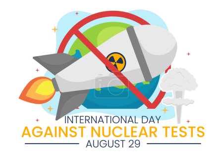 Téléchargez les illustrations : Journée internationale contre les essais nucléaires Illustration vectorielle le 29 août avec des gabarits d'icône de signe d'interdiction, de bombe terrestre et de fusée dessinés à la main - en licence libre de droit