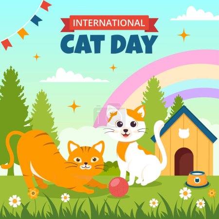 Téléchargez les illustrations : Journée du chat Illustration sur les médias sociaux Modèles de dessin animé plat dessinés à la main Contexte - en licence libre de droit