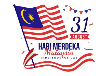 Vektor-Illustration zum malaysischen Unabhängigkeitstag am 31. August mit wehender Flagge in flachen, von Hand gezeichneten Hintergrundvorlagen zum Nationalfeiertag