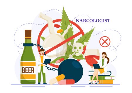 Ilustración de Ilustración del vector del narcólogo para la conciencia de la drogadicción, el alcohol y el tabaco en salud Plantillas planas de fondo dibujadas a mano de la historieta - Imagen libre de derechos