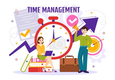 Illustration for Time Management Vector Illustration with Clock Controls and Tasks Planning Training Activities Schedule in Flat Cartoon Hand Drawn Templates - Royalty Free Image