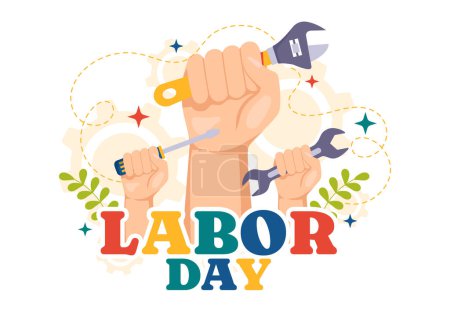 Illustration for Happy Labor Day Vector Illustration with Various Construction Tools for Workers Buildings in Flat Cartoon Hand Drawn Background Templates - Royalty Free Image