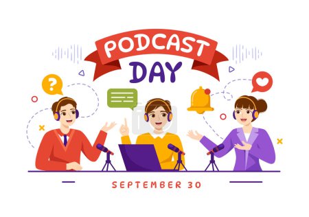 Ilustración de Día Internacional de Podcast Ilustración de Vectores el 30 de septiembre con herramientas de estudio de radiodifusión para eventos Transmisión en vivo en plantillas dibujadas a mano de dibujos animados - Imagen libre de derechos