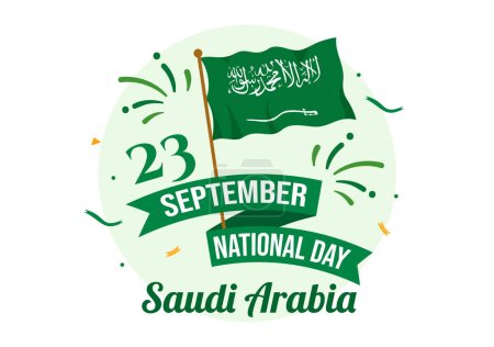 Illustration vectorielle heureuse de la fête nationale de l'Arabie saoudite le 23 septembre avec fond de drapeau agitant dans des modèles de page d'atterrissage dessinés à la main à dessin animé plat