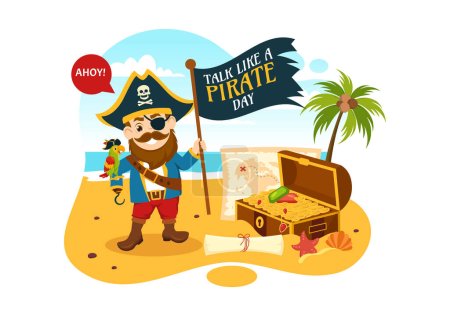 Téléchargez les illustrations : International Talk Like A Pirate Day Illustration vectorielle avec des pirates mignons personnage de bande dessinée à la main dessiné pour bannière Web ou modèles de page d'atterrissage - en licence libre de droit