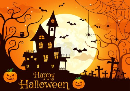 Halloween Night Background Vector Illustration with Pumpkins on the Moonlight and Several Other Elements in Flat Cartoon Hand Drawn Templates
