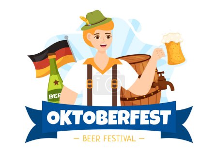 Téléchargez les illustrations : Happy Oktoberfest Party Festival Illustration vectorielle avec bière, saucisse, pain d'épice, drapeau allemand et les ets fond plat dessins animés à la main modèles - en licence libre de droit