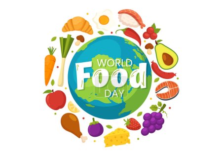 Ilustración de Día Mundial de la Alimentación Ilustración vectorial el 16 de octubre con varios alimentos, frutas y verduras en dibujos animados planos Plantillas de fondo dibujadas a mano - Imagen libre de derechos