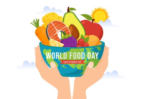 Ilustración de Día Mundial de la Alimentación Ilustración vectorial el 16 de octubre con varios alimentos, frutas y verduras en dibujos animados planos Plantillas de fondo dibujadas a mano - Imagen libre de derechos