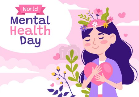 Vektor-Illustration zum Welttag der psychischen Gesundheit am 10. Oktober mit gesundem Problem und Herz im Gehirn in flachen, von Hand gezeichneten Cartoon-Hintergrundvorlagen